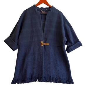 Violeta by Mango Woven Fringe Blazer Jacket Oversized Womens XS Blue Lagenlook